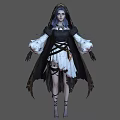 Woman With Dark Blue Hair In Hooded Black Cloak White Dress Puffy Sleeves Gothic Style