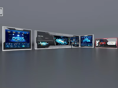 Technology Exhibition Hall With Multiple Digital Display Screens Interactive Exhibits And Information Displays 3d model