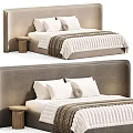 Modern Double Bed With Quilted Mattress Upholstered Headboard Pillows And Bedside Stool