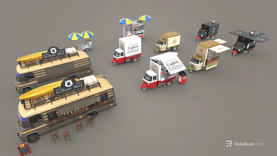 Various Styles Food Trucks And Mobile Food Stalls With Umbrellas And Seating 3d model 