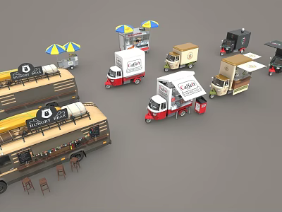 Various Styles Food Trucks And Mobile Food Stalls With Umbrellas And Seating 3d model