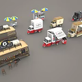 Various Styles Food Trucks And Mobile Food Stalls With Umbrellas And Seating