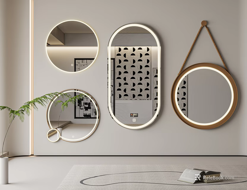 Stylish Decorative Mirrors Circular Oval Backlit Designs For Modern Living Room With Plant Rug And Books 3d model 
