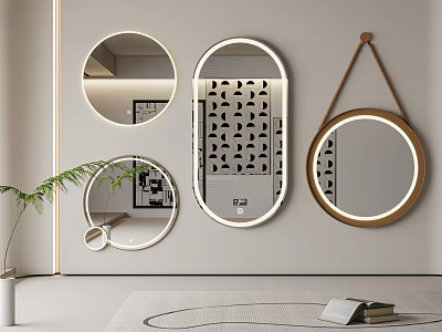 Stylish Decorative Mirrors Circular Oval Backlit Designs For Modern Living Room With Plant Rug And Books 3d model