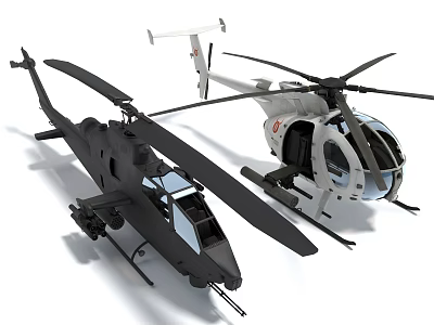Two Different Colored Black And White Military Helicopters With Rotor Blades And Armament 3d model