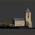 Detailed Brick Church Building Model With Sloped Roof Grass Path And Tower