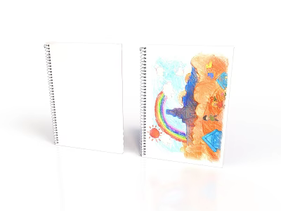Interior Display of Two Spiral Notebooks One Blank and One With Colorful Rainbow Art 3d model