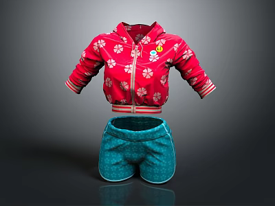 Red Floral Jacket With Colorful Design Striped Cuffs And Blue Pleated Shorts 3d model