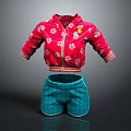 Red Floral Jacket With Colorful Design Striped Cuffs And Blue Pleated Shorts