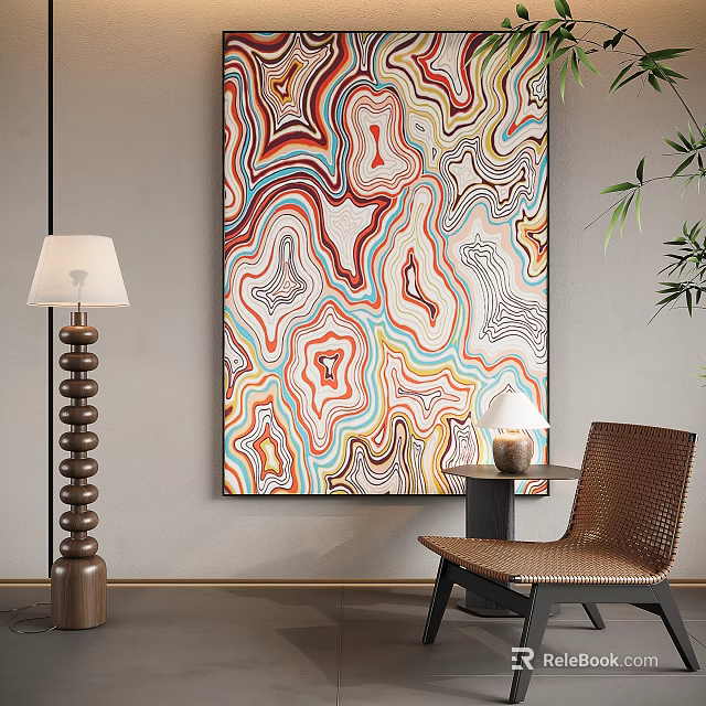 Colorful Abstract Painting with Swirl Patterns in Modern Room Featuring Floor Lamp Chair and Plant 3d model 
