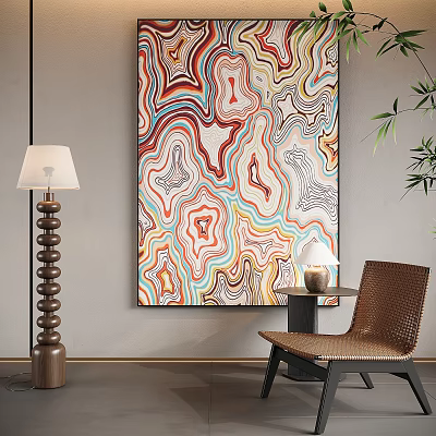 Colorful Abstract Painting with Swirl Patterns in Modern Room Featuring Floor Lamp Chair and Plant 3d model