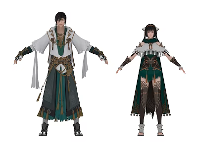 Traditional Style Characters In Ornate Green White Costumes With Decorative Sashes And Headdresses 3d model