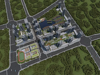 Urban Aerial View Planning Featuring High Rise Buildings Green Areas and Road Layouts 3d model