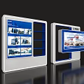 Modern Display Island With White Frame Blue Panels Digital Screens And Product Showcases