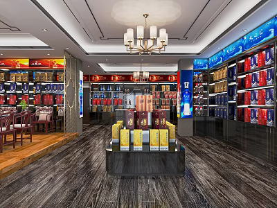 Tobacco and Alcohol Store Interior With Shelves Displayed Products And Chandelier 3d model
