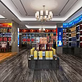 Tobacco and Alcohol Store Interior With Shelves Displayed Products And Chandelier