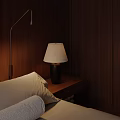 Cozy Bedroom With Dark Wooden Walls Bedside Lamps Window Trees View And Light Curtains