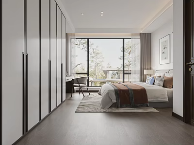 Elegant Hotel Guest Room With Modern Design Large Window Built in Wardrobe and Cozy Bed 3d model