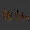 Vibrant Orange Plant Stems with Slender Curved Shapes Arranged in a Row Against Dark Background