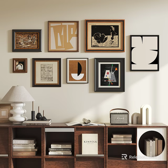 Abstract Paintings on Wall in Decorative Room with Bookshelf Table Lamp and Books 3d model 