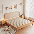 Wooden Double Bed With Woven Headboard Pillows Blanket Nightstand Table Lamp Window Blinds And Wall Art