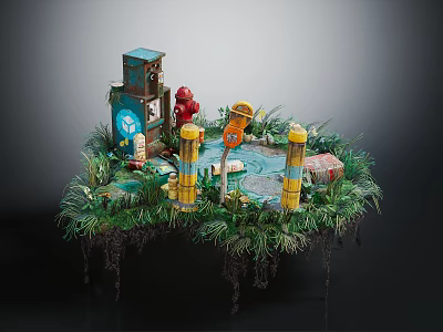 Detailed Miniature Scene Construction With Lush Green Plants Yellow Pillars Small Buildings And Signposts 3d model