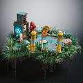 Detailed Miniature Scene Construction With Lush Green Plants Yellow Pillars Small Buildings And Signposts
