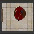 Modern Interior Scene With Red Brick Wall Window Small Table Kettle And Red Cloth