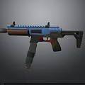 Blue Brown And Black Modern Submachine Gun Design With Rail Grip Barrel And Stock