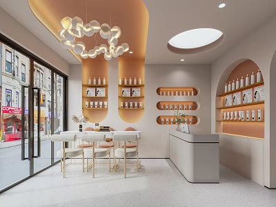 Elegant Modern Beauty Hair Salon Interior With Product Shelves Chandeliers And Reception Counter 3d model