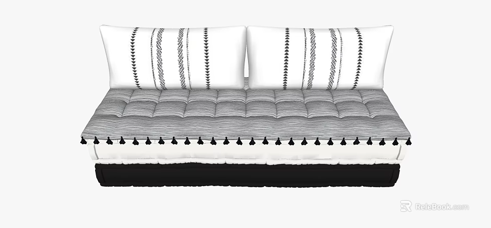 Modern Minimalist Double Sofa With Striped Dotted Cushions Diamond Patterned Seat And Tassel Trim 3d model 
