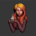 Stylized Cartoon Character With Orange Hair Purple Clothing Holding Green Cup With Steam