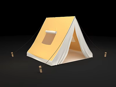 Yellow and White Camping Tent with Triangle Shape Support Poles Ropes and Spacious Interior 3d model