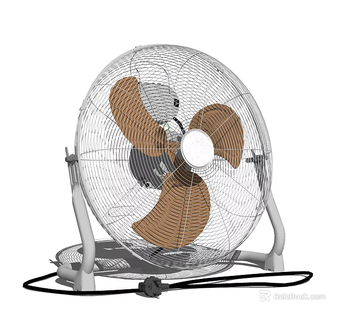 Industrial Floor Fan With Metal Mesh Cover Brown Blades And White Stand 3d model 