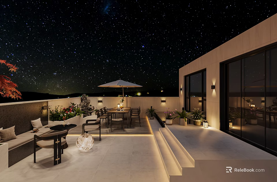 Starry Night Rooftop Garden Landscape with Outdoor Furniture Umbrella Plants and Modern Lighting 3d model 