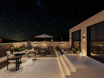 Starry Night Rooftop Garden Landscape with Outdoor Furniture Umbrella Plants and Modern Lighting 3d model