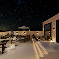 Starry Night Rooftop Garden Landscape with Outdoor Furniture Umbrella Plants and Modern Lighting
