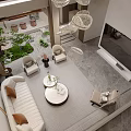 Elegant Modern Living Dining Area With Glass Chandelier Round Mirror And Sofa