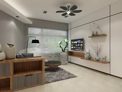 Modern Living Room Interior Design With Sofa TV Cabinet Wooden Shelf Ceiling Fan And Blinds 3d model