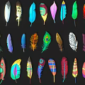 Colorful Feather Decorative Ornament Set with Various Patterns and Vibrant Hues