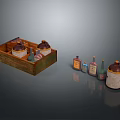 Essential Household Items Including Wooden Tray Jars With Lids And Colorful Bottles