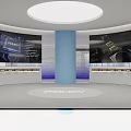 Modern Style Showroom With Curved Screens Central Column White Circular Seats And Geometric Ceiling