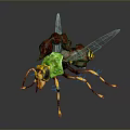 3D Rendered Insect Model with Yellow Black Body Green Transparent Wings and Red Structures