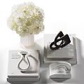 Modern Decorative Ornament Set With White Flower Bouquet Stacked Books And Sculptures For Home Decor