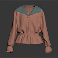 Pink Long Sleeve Blouse with Green Collar Decorative Buttons Ruffled Hem for Daily Use