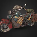 Vintage Motorcycle with Worn Paint Striped Decoration Leather Luggage Canvas Backpack and Retro Design Elements