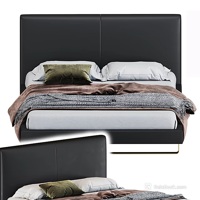 Modern Black Leather Double Bed With Green White Pillows Textured Brown Blanket And Gold Legs 3d model 