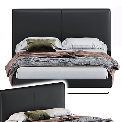 Modern Black Leather Double Bed With Green White Pillows Textured Brown Blanket And Gold Legs 3d model