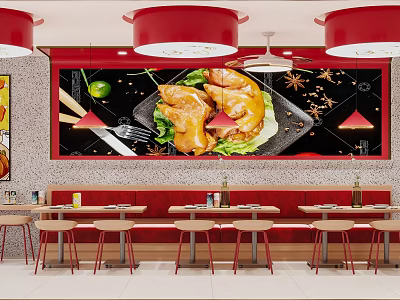 Restaurant Interior Featuring Red Pendant Lights Large Mural Roasted Chicken Lettuce Lime Spices Dining Tables 3d model