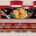 Restaurant Interior Featuring Red Pendant Lights Large Mural Roasted Chicken Lettuce Lime Spices Dining Tables